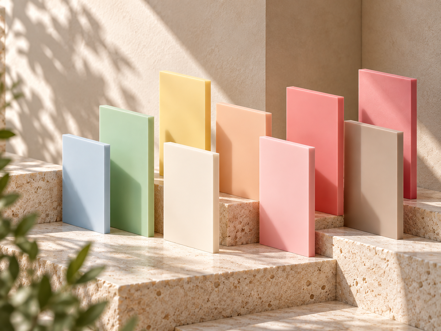 Editorial display of opaque DAMOYE pastel cast acrylic sheets arranged at varied heights on warm stone plinths.