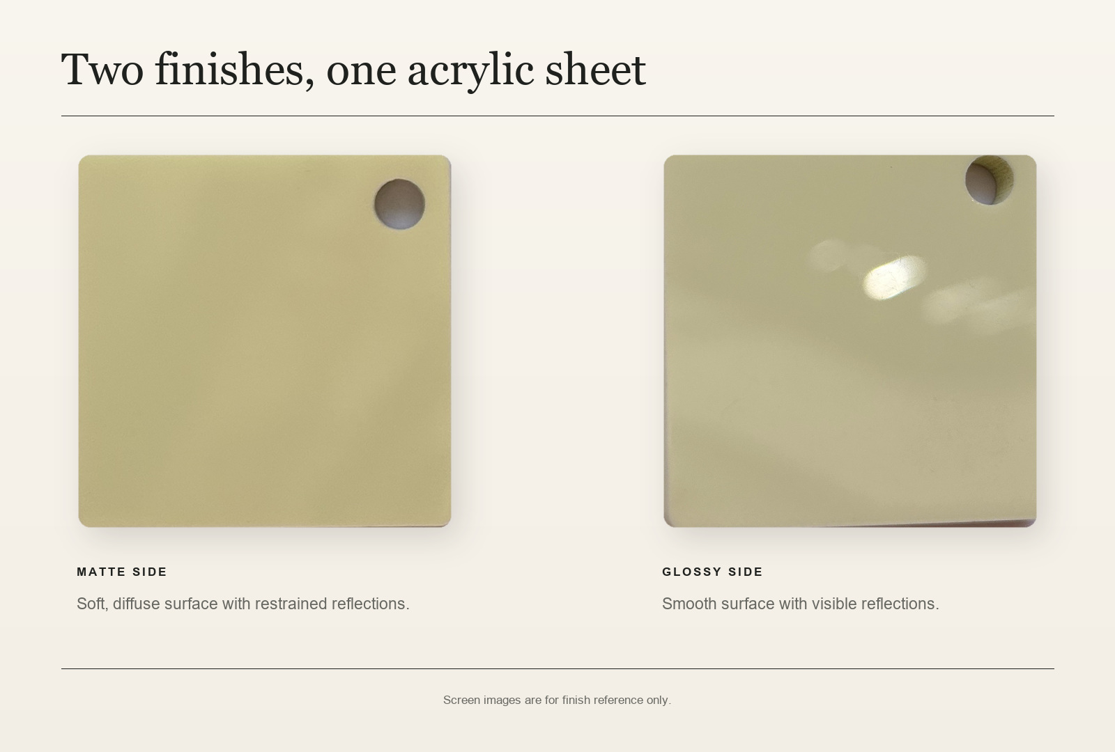 Real Lemon Chiffon acrylic sample photographed from its matte and glossy sides.